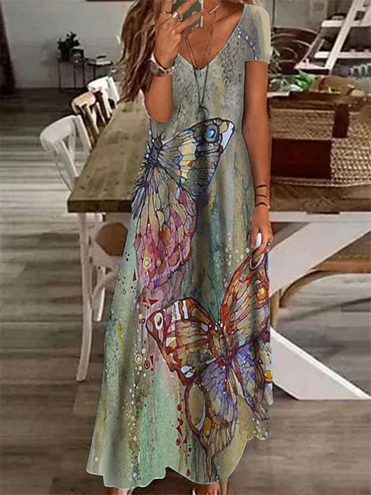 Pillangó nyomtatás alacsony kivágású V-nyakú halter maxi ruha