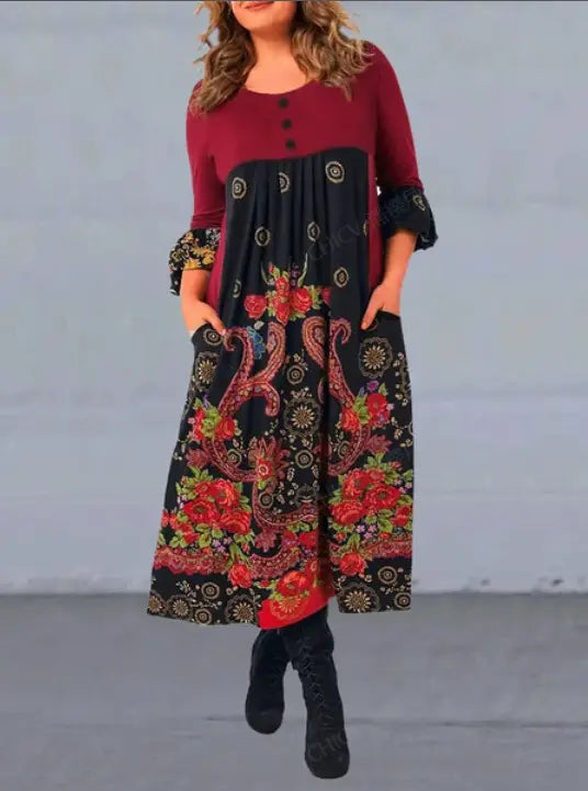 【S-5XL】 👗 Novo vestido casual de manga comprida com estampa retrô outono e inverno 2023